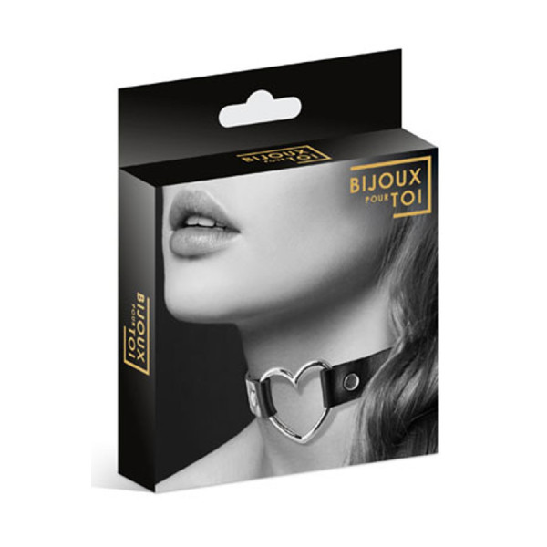Collier en cuir noir SM avec coeur métal argenté 